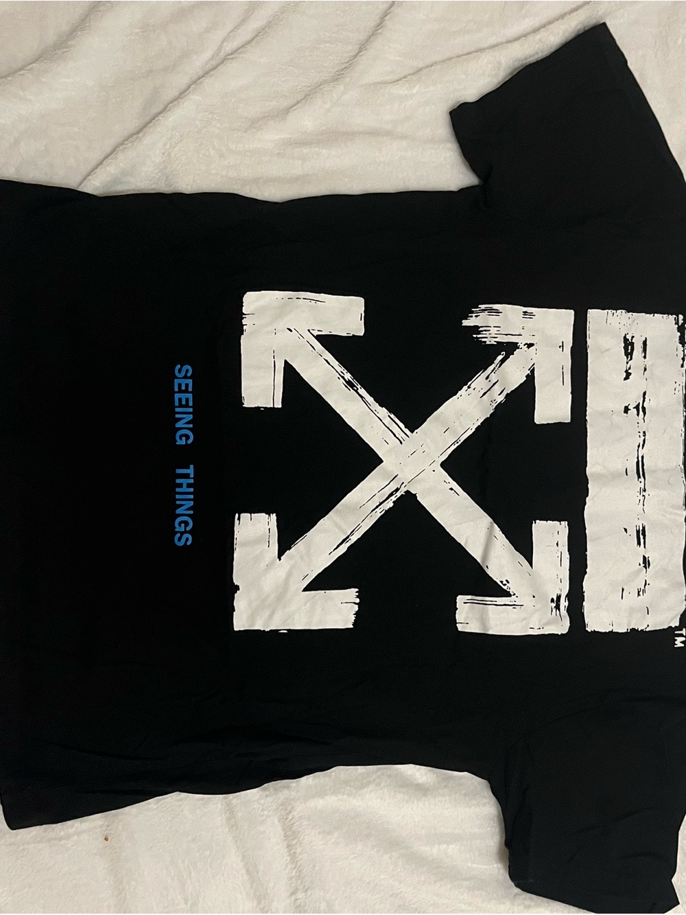 Off-White Black Tee with White Arrows and Blue Text